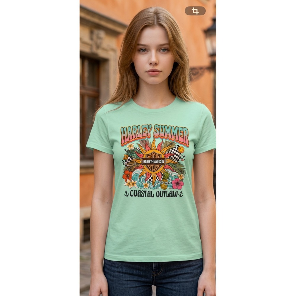 Harley-Davidson Coastal Outlaw Summer Graphic T-Shirt Mint Green Womens Large